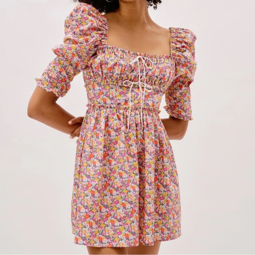 For Love & Lemons Pink Floral Puff-Sleeve Mini Dress